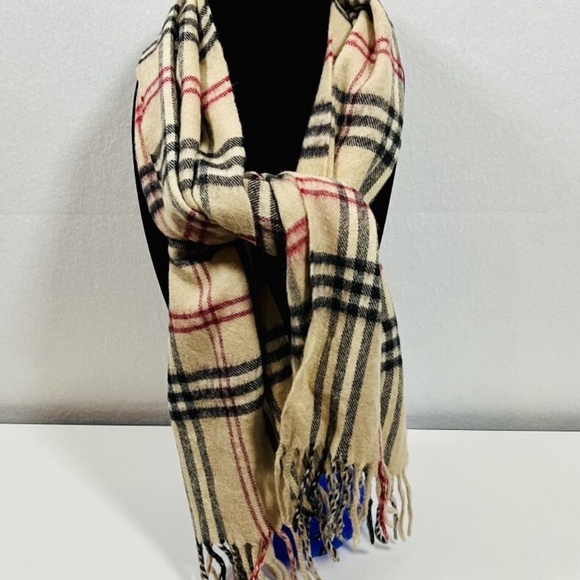 Vintage Tartan Plaid Fringe Scarf Womens Soft Cashmere 12x54 Tan Red Black - Picture 2 of 4